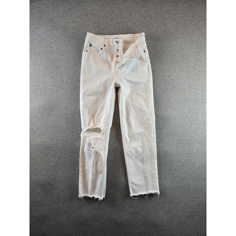 RE/DONE Jeans Womens 25 White 70's Stove Pipe 20 Yr. Denim Distressed Raw Hem